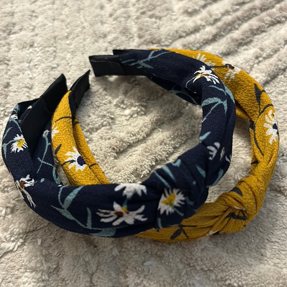 2 floral headbands yellow and blue flower top knot style hair accessories new!